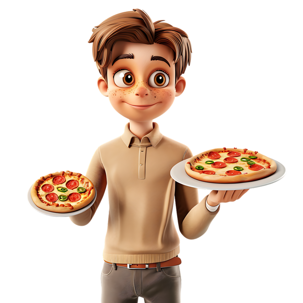 A cartoon character holds a pizza while a man stands isolated in the background png