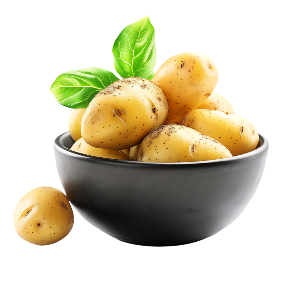 A bowl of potatoes with a green leaf on top isolated on a transparent background png