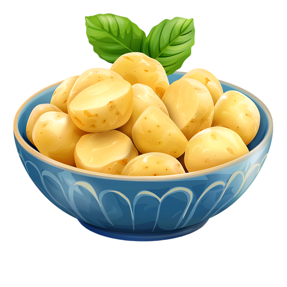 A bowl of potatoes with a green leaf on top isolated on a transparent background png