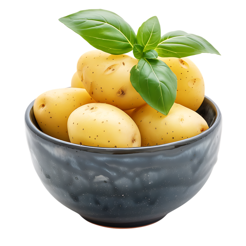 A bowl of potatoes with a green leaf on top isolated on a transparent background png