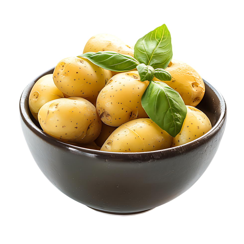 A bowl of potatoes with a green leaf on top isolated on a transparent background png