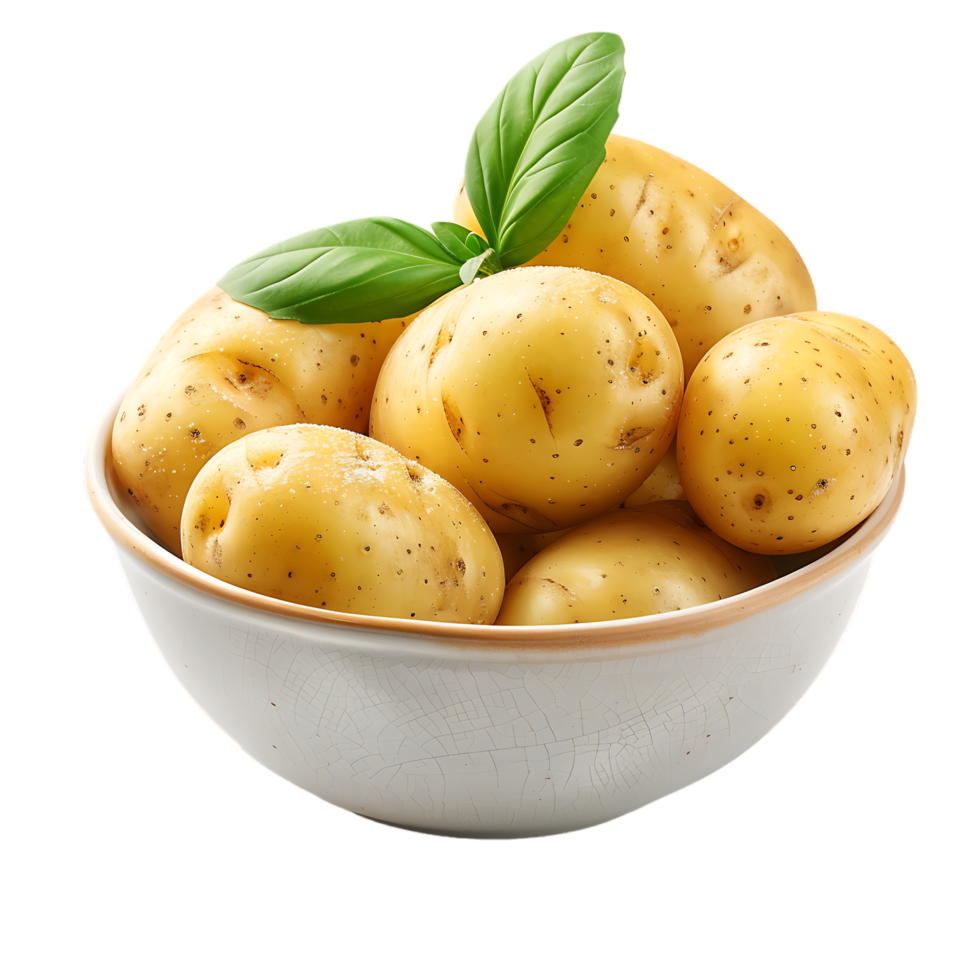 A bowl of potatoes with a green leaf on top isolated on a transparent background png