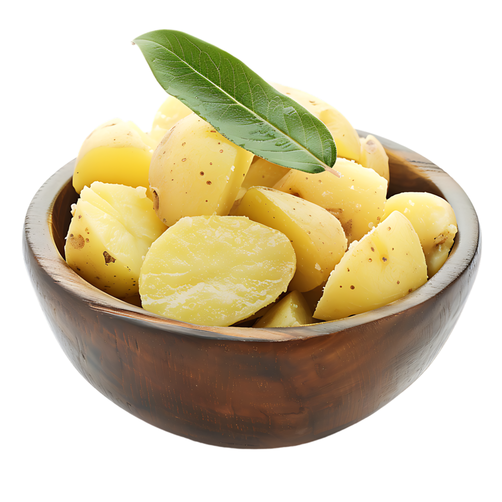A bowl of potatoes with a green leaf on top isolated on a transparent background png