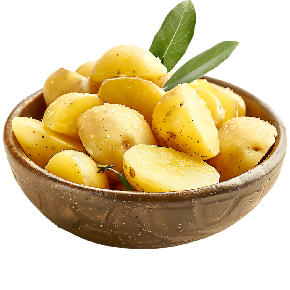 A bowl of potatoes with a green leaf on top isolated on a transparent background png