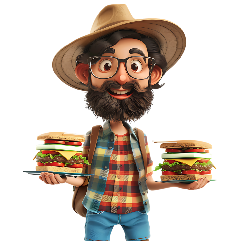 A cartoon character watches as a man with a beard and a hat holds sandwiches png