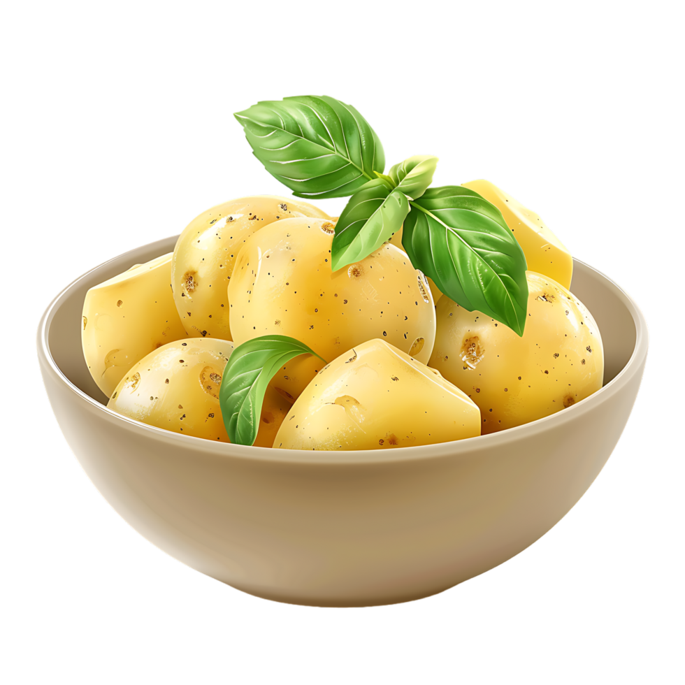 A bowl of potatoes with a green leaf on top isolated on a transparent background png