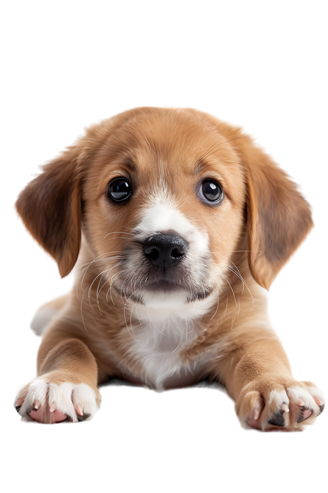 A charming puppy leaning against the floor is captured in isolation png