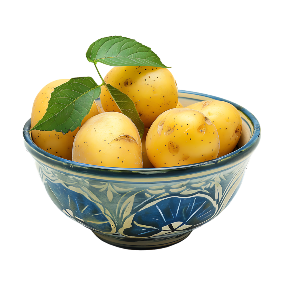 A bowl of potatoes with a green leaf on top isolated on a transparent background png