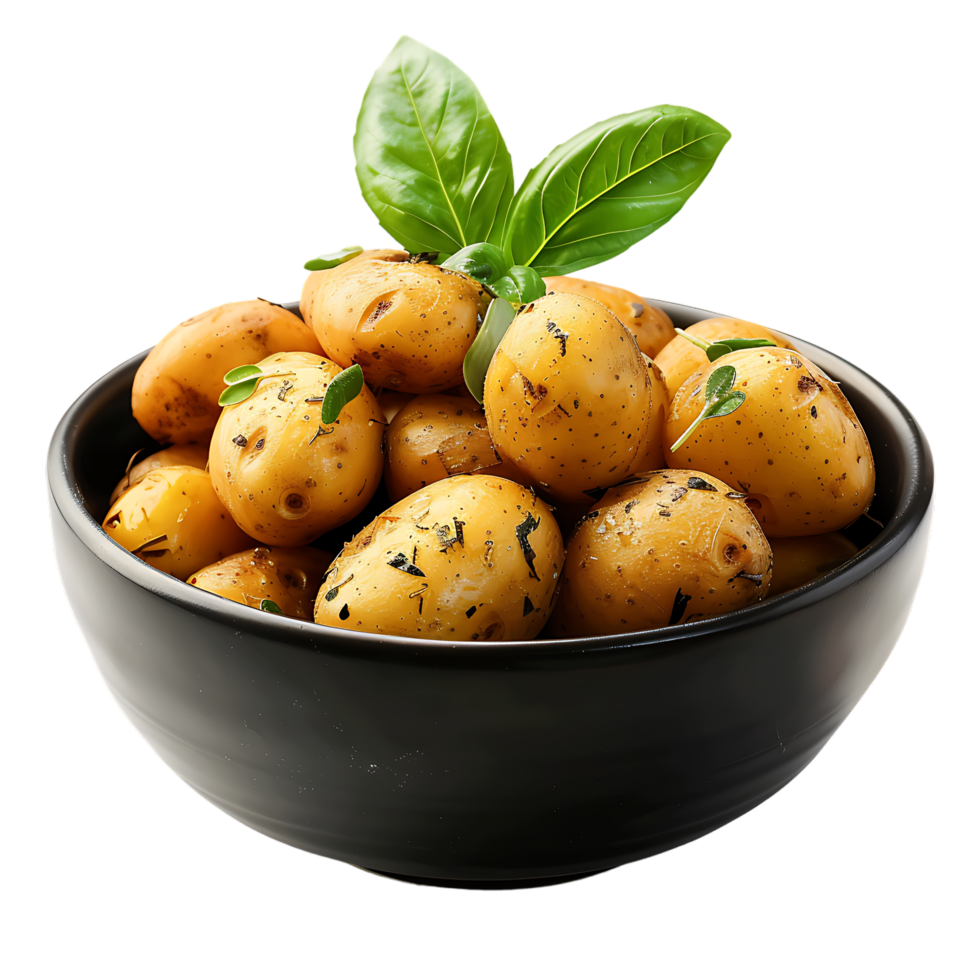 A bowl of potatoes with a green leaf on top isolated on a transparent background png