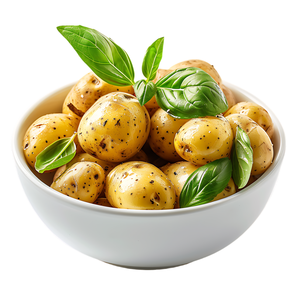 A bowl of potatoes with a green leaf on top isolated on a transparent background png