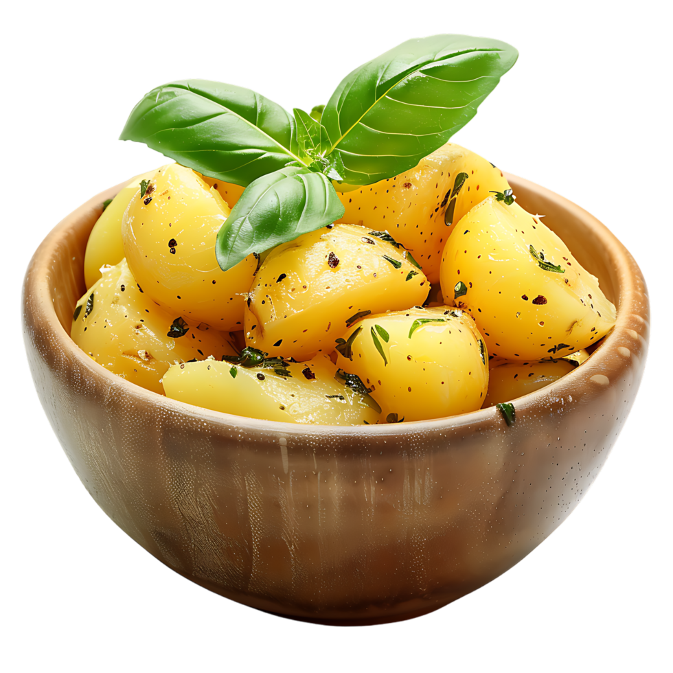 A bowl of potatoes with a green leaf on top isolated on a transparent background png