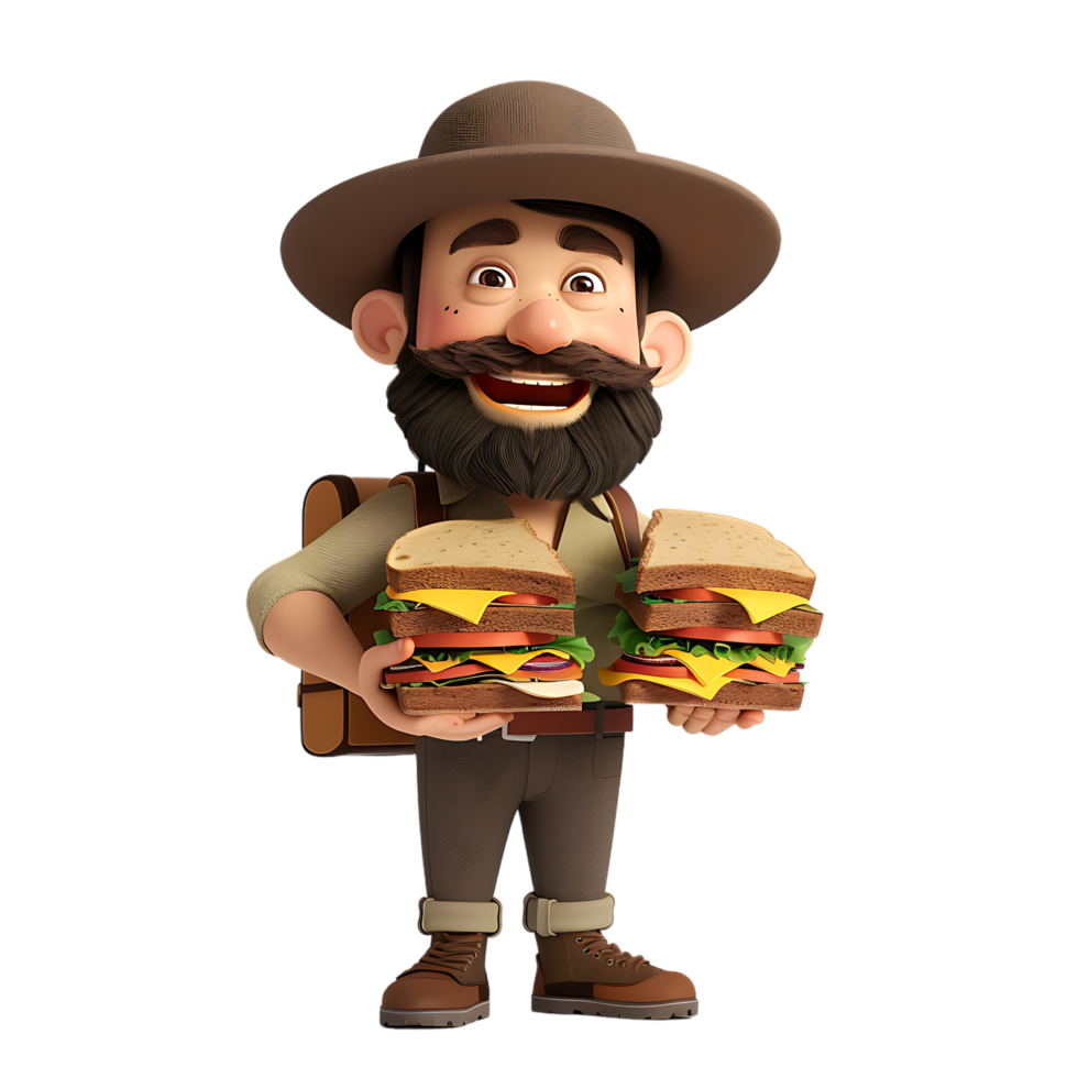 A cartoon character watches as a man with a beard and a hat holds sandwiches png