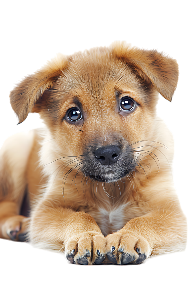 A charming puppy leaning against the floor is captured in isolation png