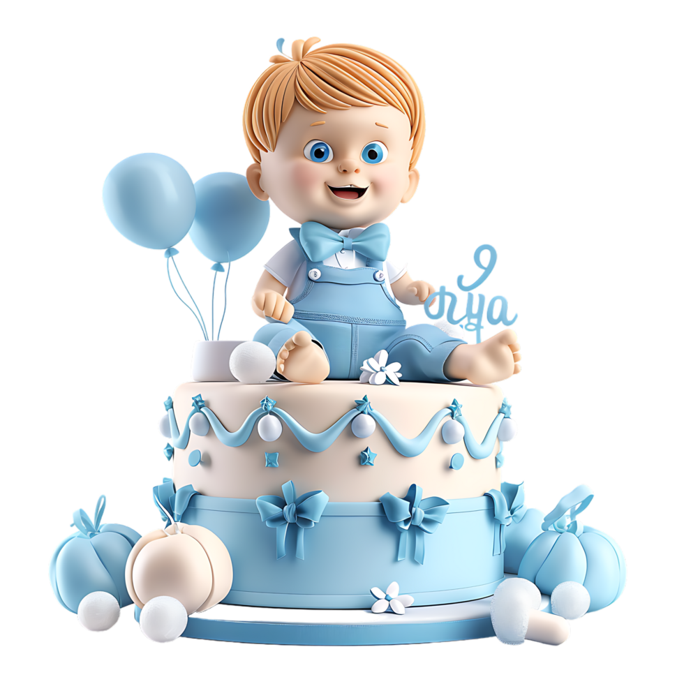 A charmingly decorated fondant birthday cake for a baby boy is depicted in isolation png