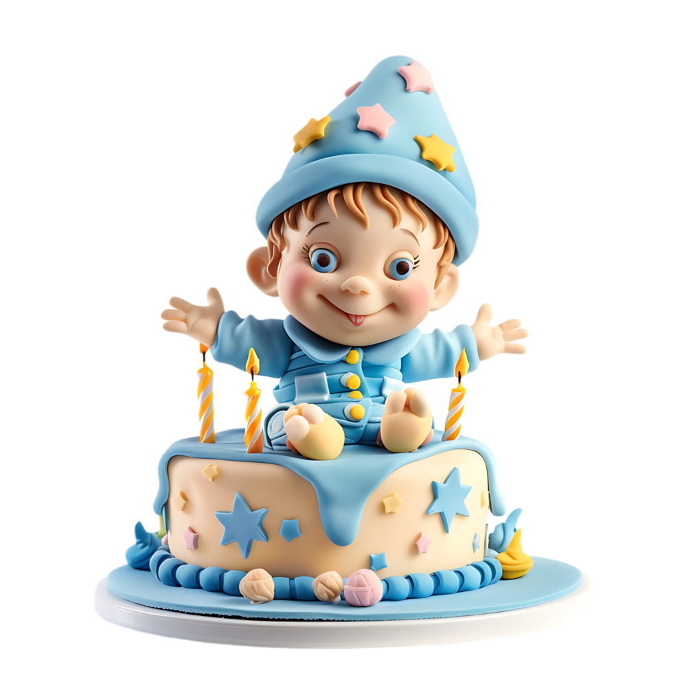 A charmingly decorated fondant birthday cake for a baby boy is depicted in isolation png