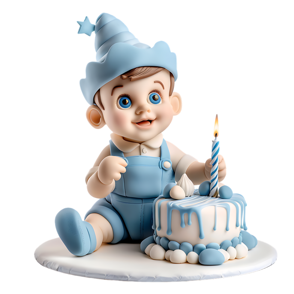A charmingly decorated fondant birthday cake for a baby boy is depicted in isolation png