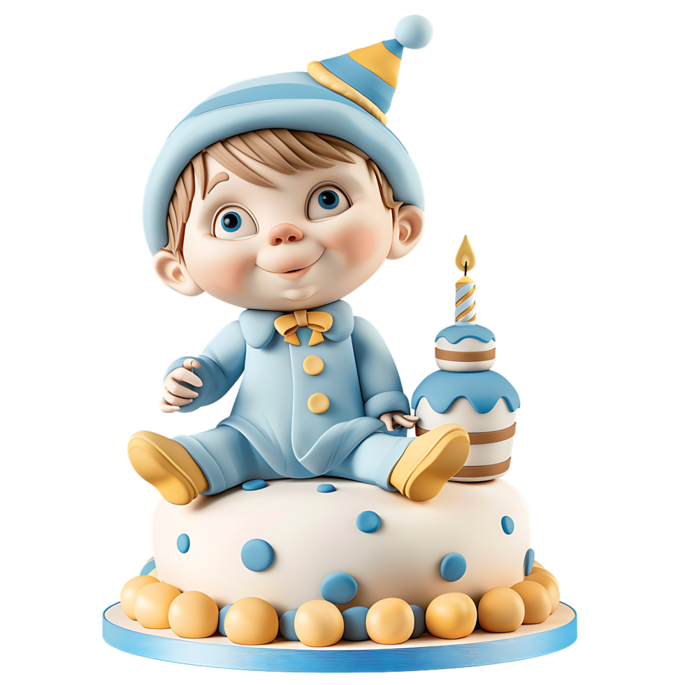 A charmingly decorated fondant birthday cake for a baby boy is depicted in isolation png