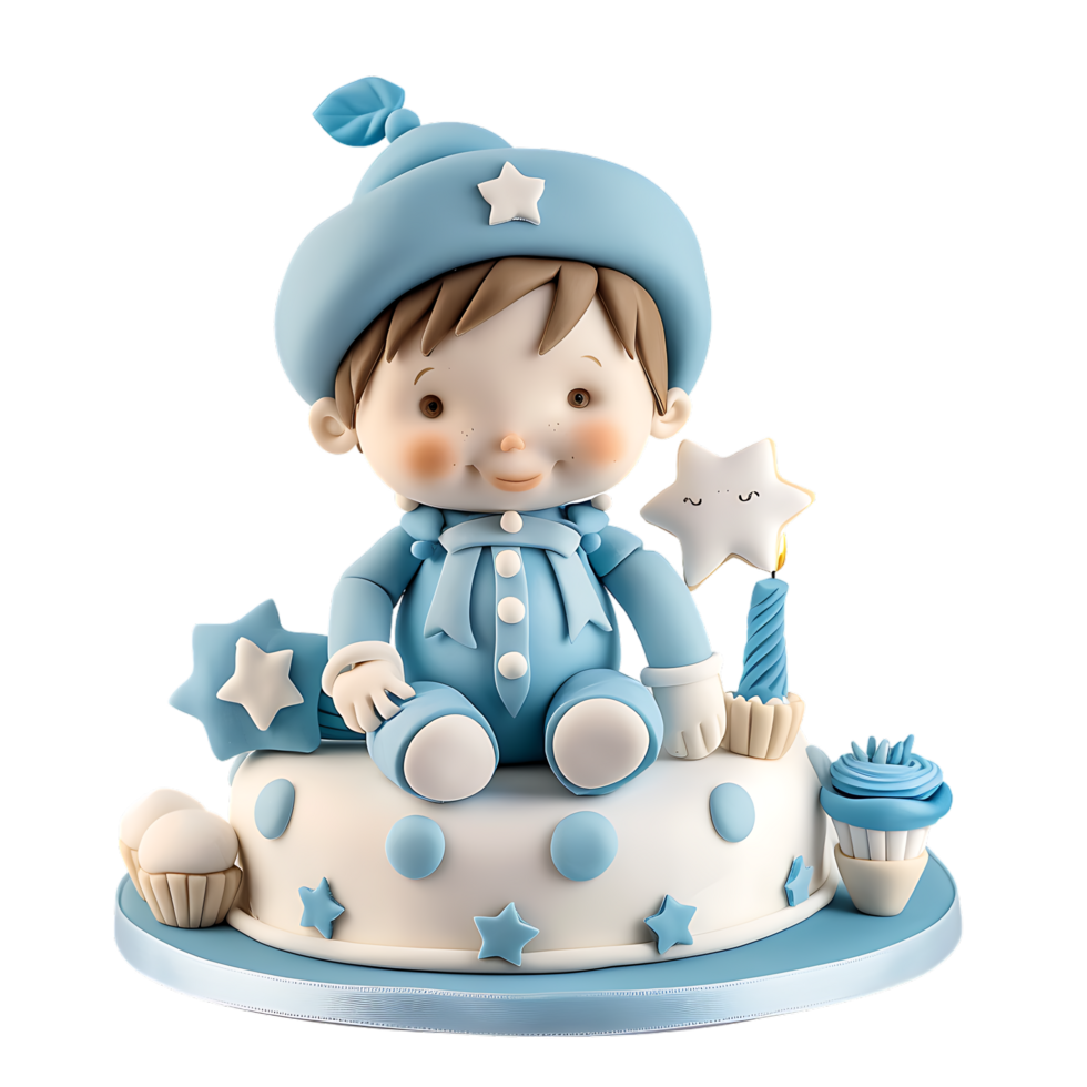 A charmingly decorated fondant birthday cake for a baby boy is depicted in isolation png