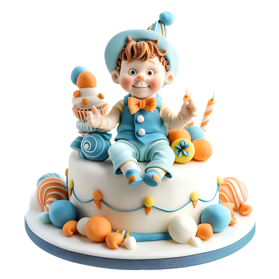 A charmingly decorated fondant birthday cake for a baby boy is depicted in isolation png