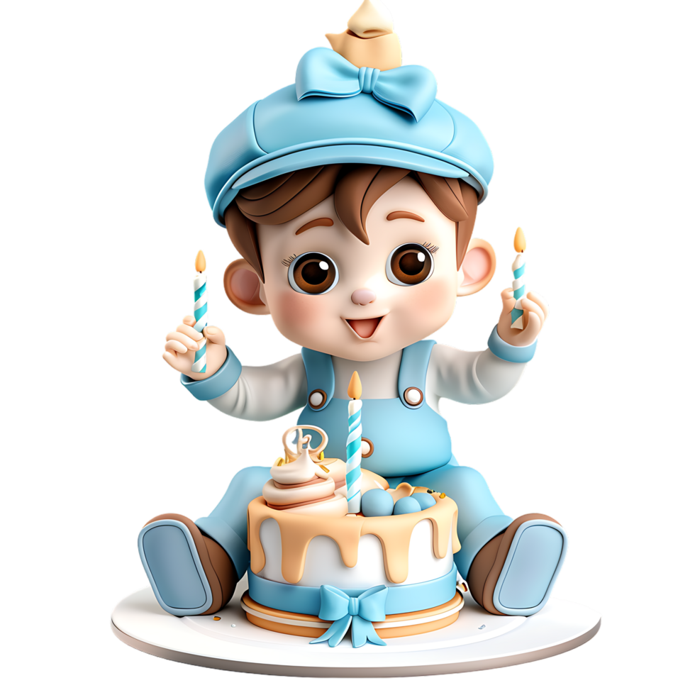 A charmingly decorated fondant birthday cake for a baby boy is depicted in isolation png
