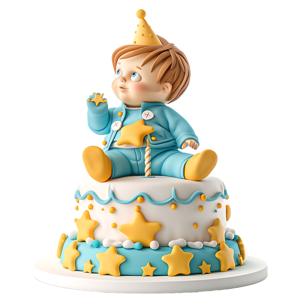A charmingly decorated fondant birthday cake for a baby boy is depicted in isolation png