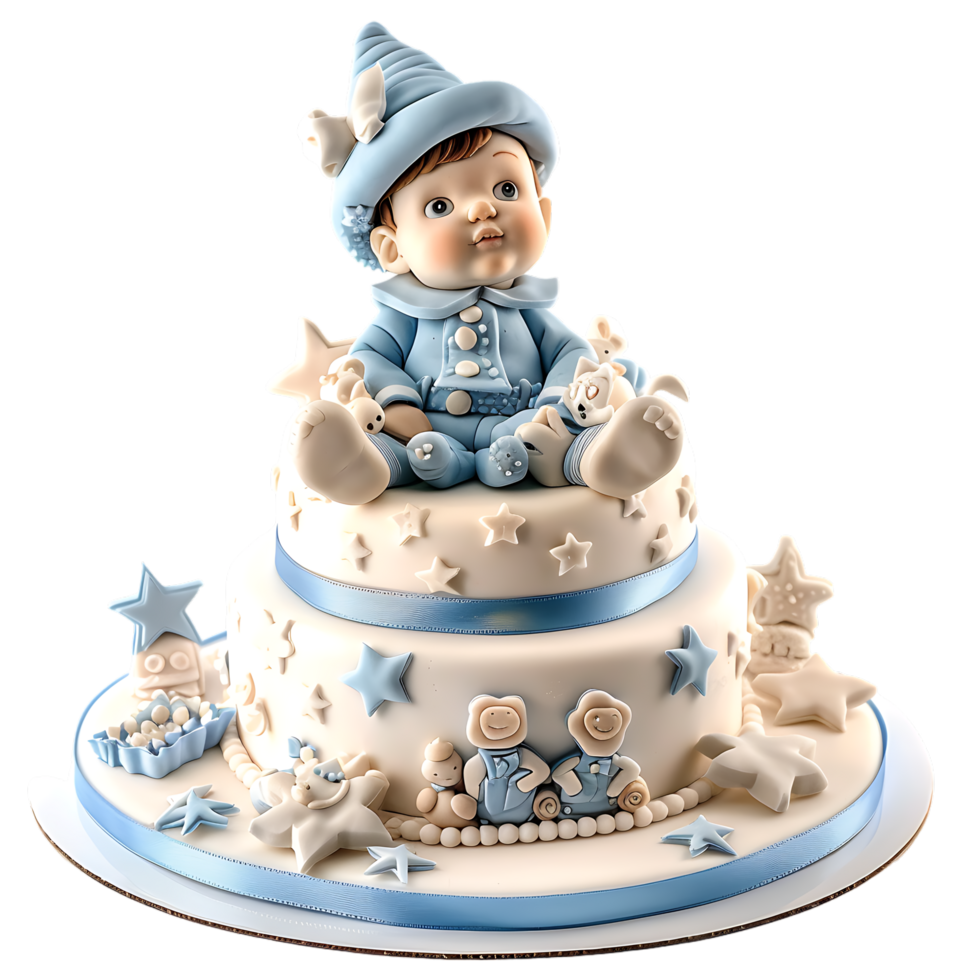 A charmingly decorated fondant birthday cake for a baby boy is depicted in isolation png