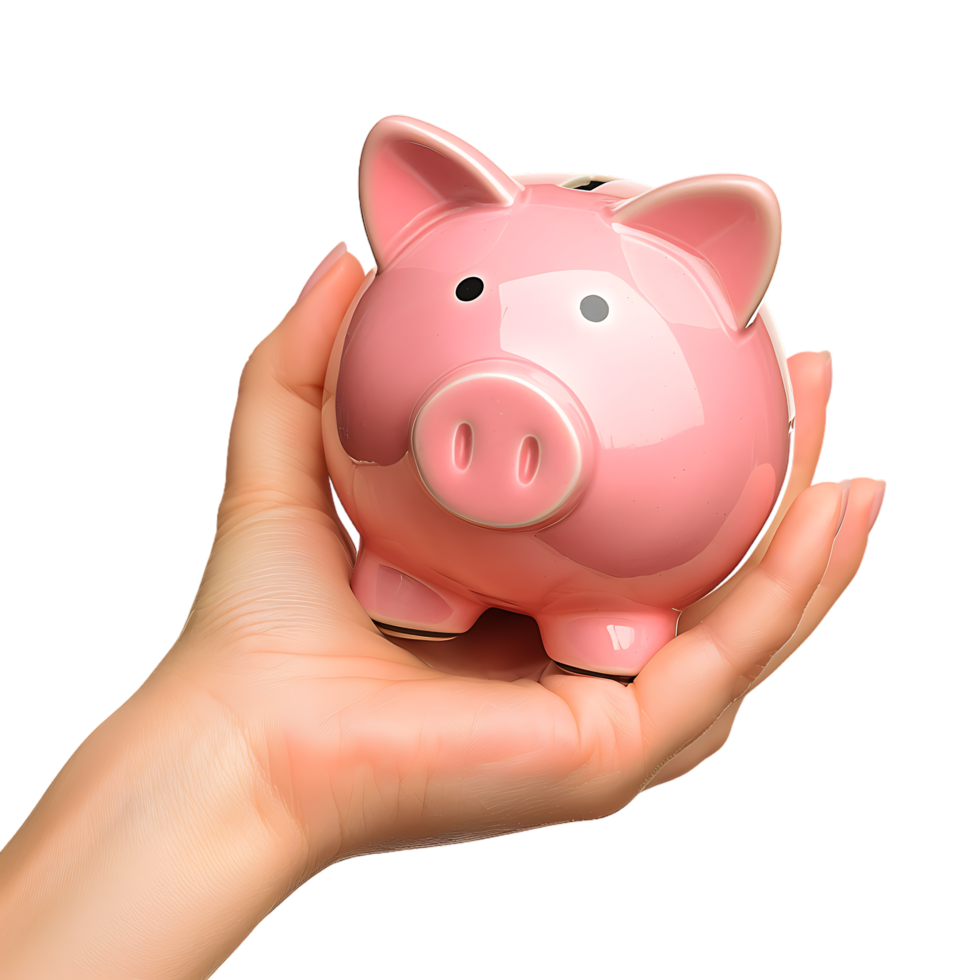 A female hand holding a PINK piggy bank isolated against a TRANSPARENT background png