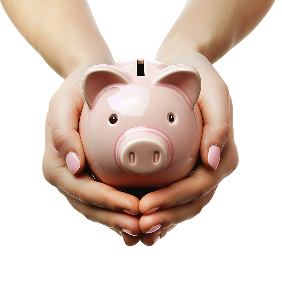 A female hand holding a PINK piggy bank isolated against a TRANSPARENT background png