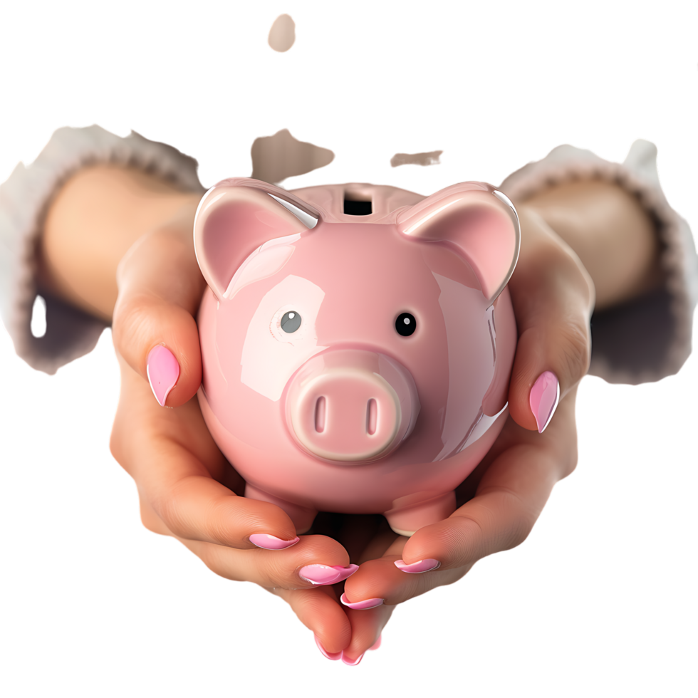 A female hand holding a PINK piggy bank isolated against a TRANSPARENT background png