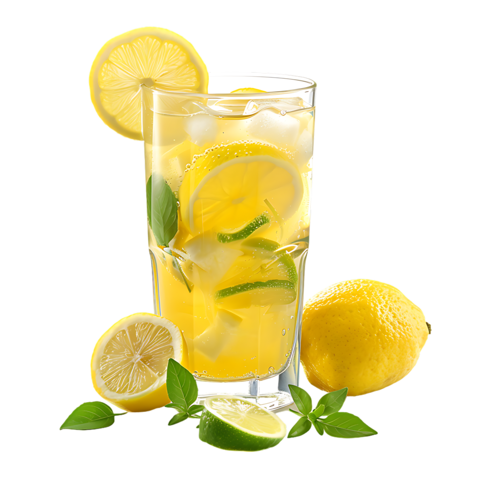 A glass of lemonade with lemons and limes isolated against a transparent background png