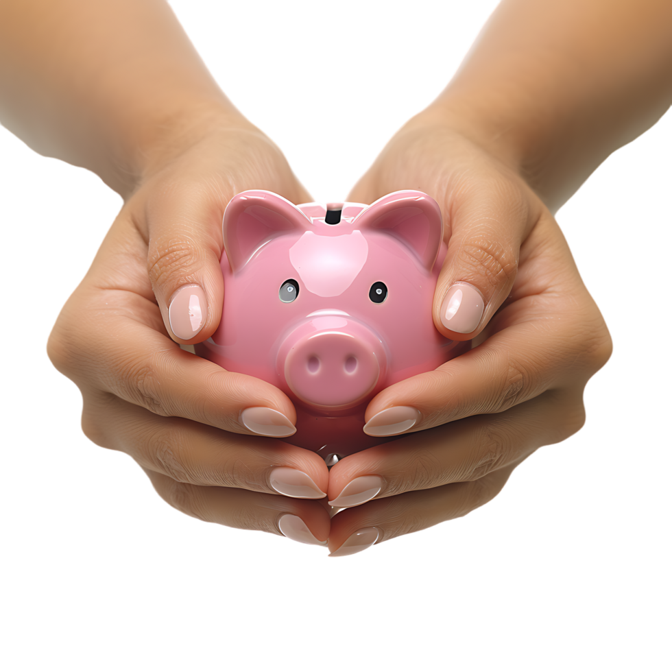 A female hand holding a PINK piggy bank isolated against a TRANSPARENT background png