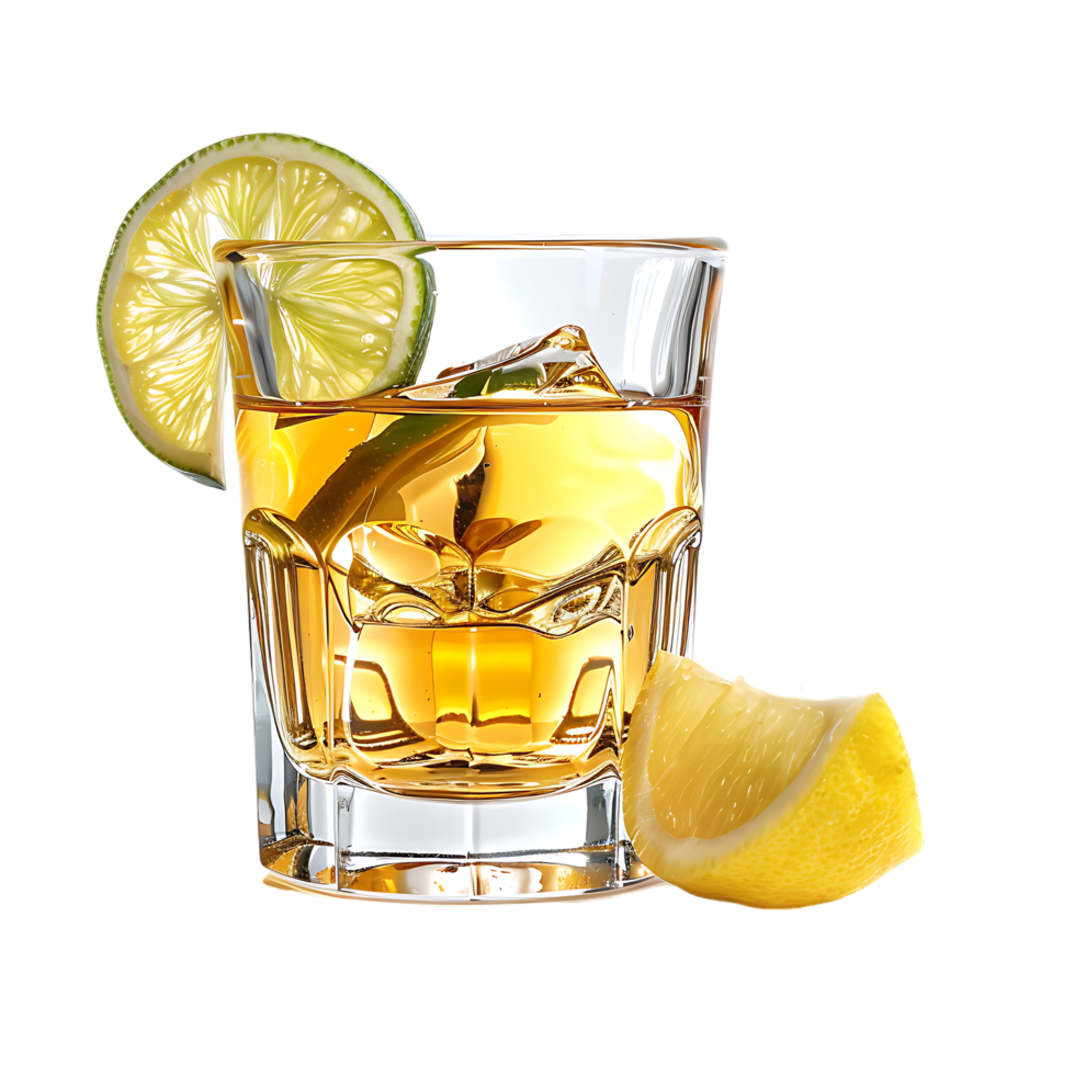 A glass of whiskey with a lemon and lime on it isolated against a transparent background png