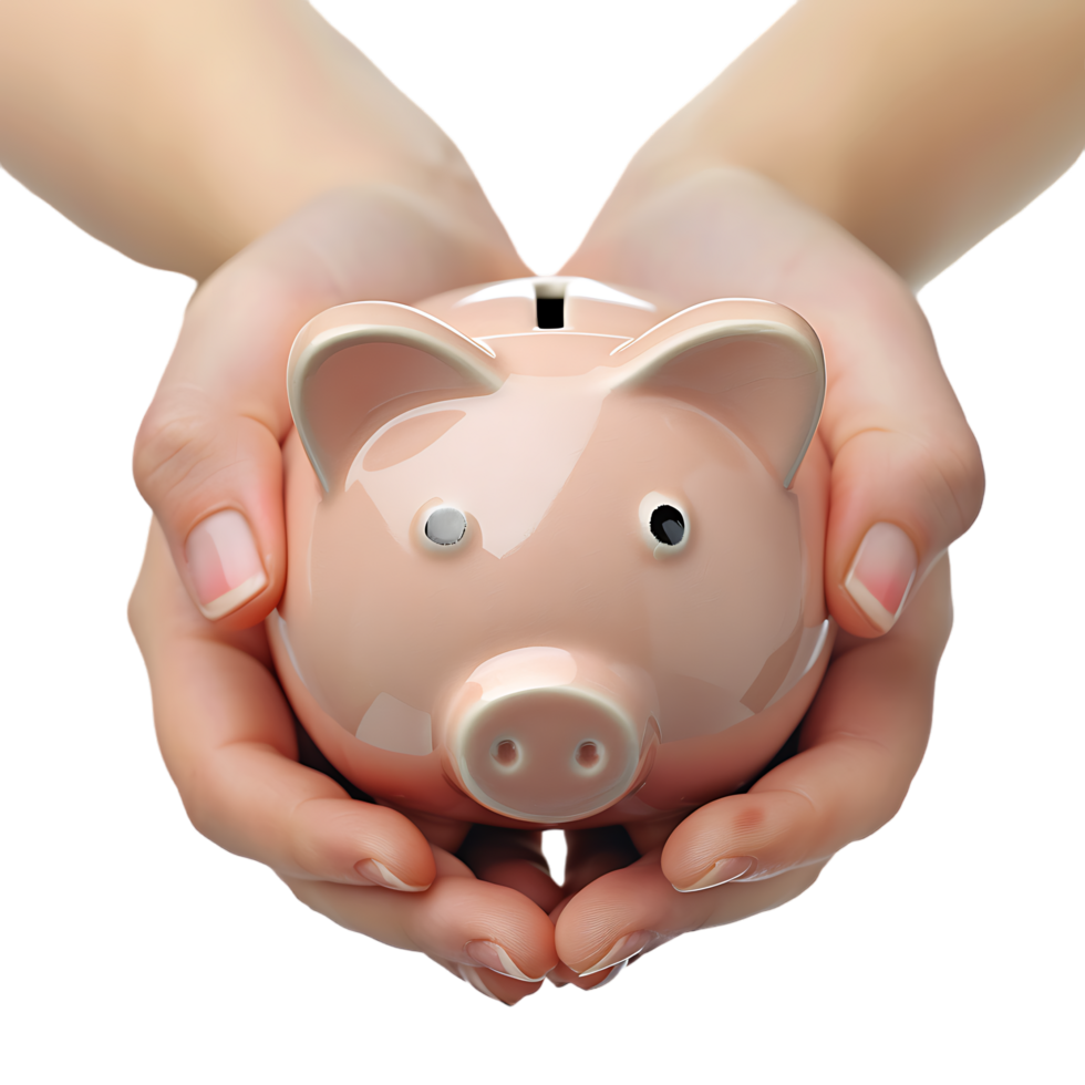 A female hand holding a PINK piggy bank isolated against a TRANSPARENT background png