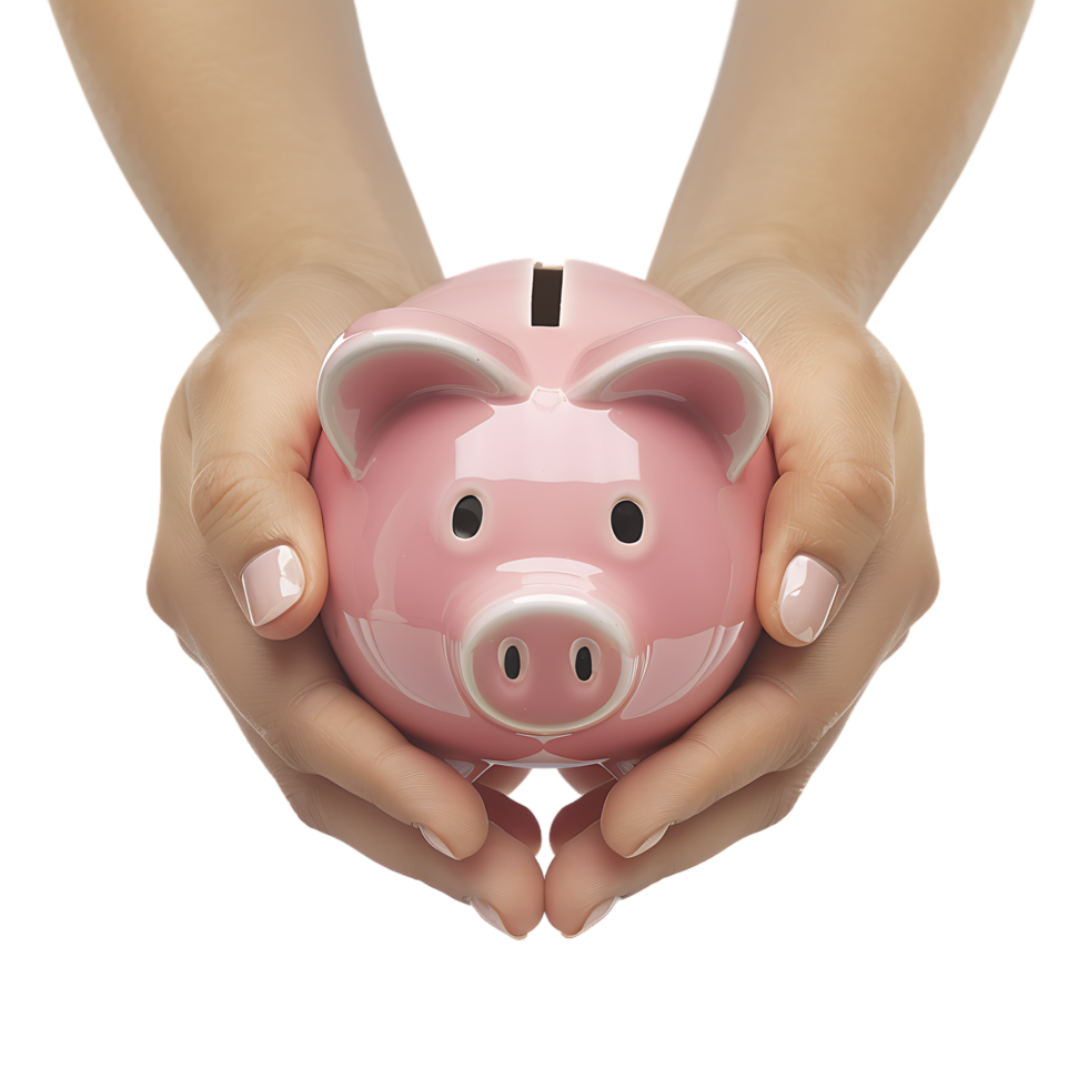 A female hand holding a PINK piggy bank isolated against a TRANSPARENT background png