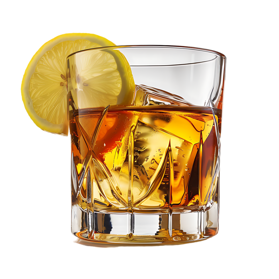 A glass of whiskey with a lemon and lime on it isolated against a transparent background png