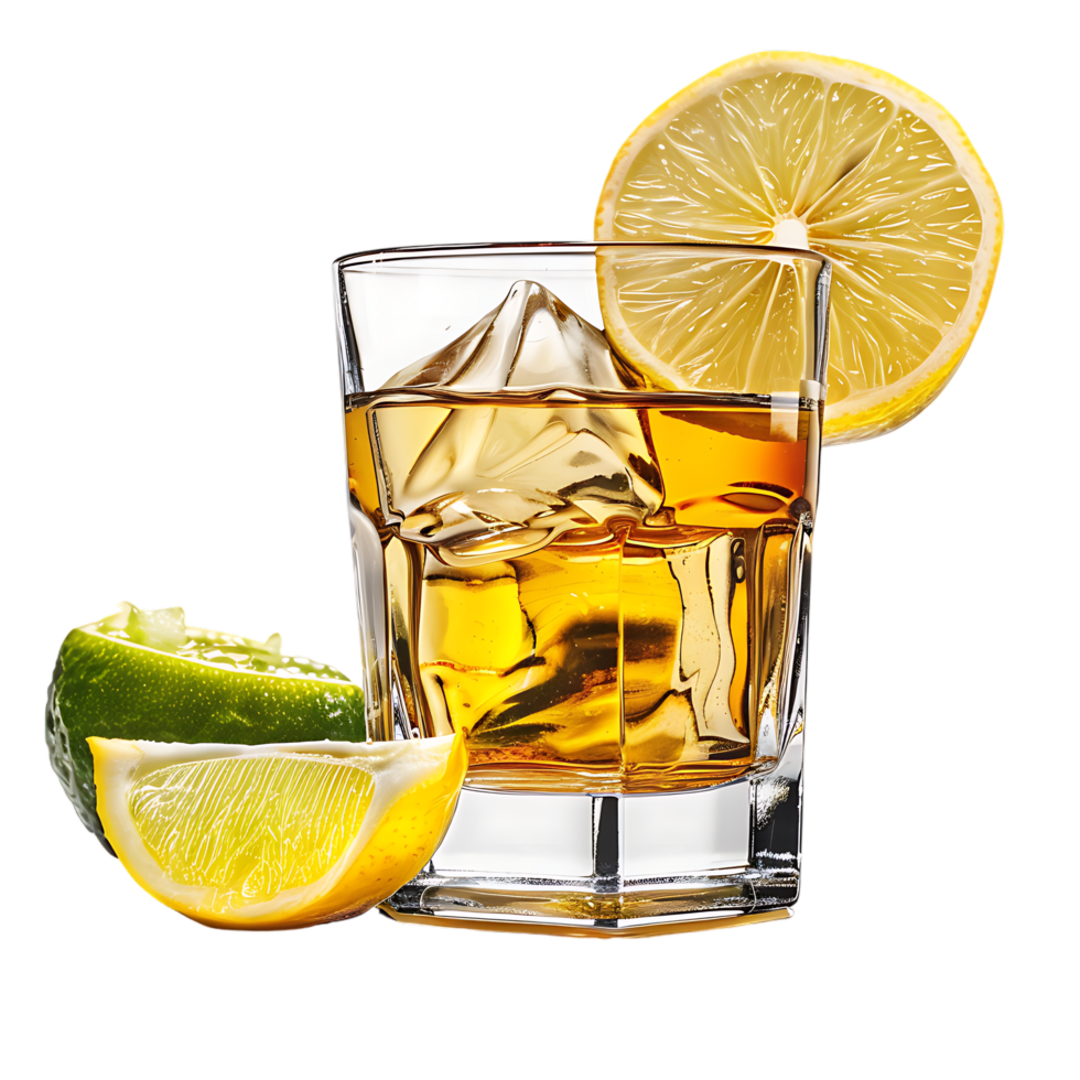 A glass of whiskey with a lemon and lime on it isolated against a transparent background png