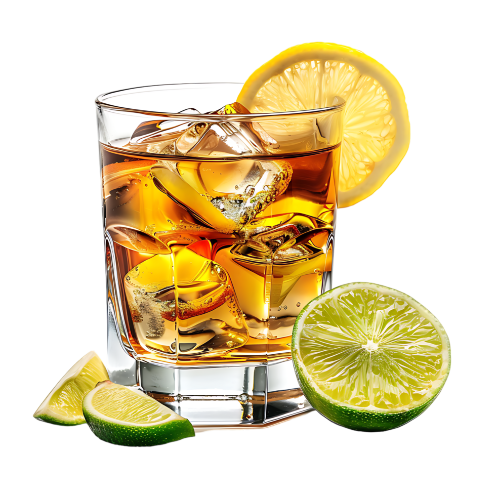 A glass of whiskey with a lemon and lime on it isolated against a transparent background png