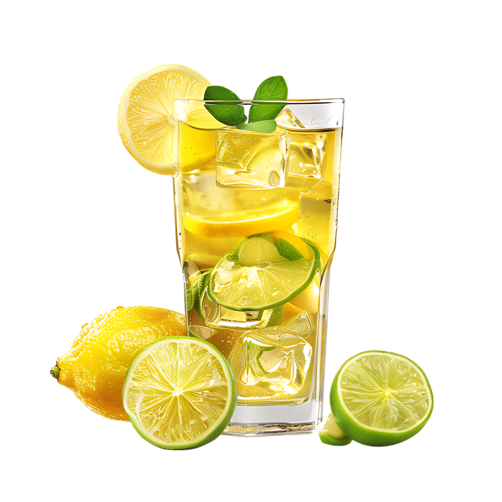 A glass of lemonade with lemons and limes isolated against a transparent background png