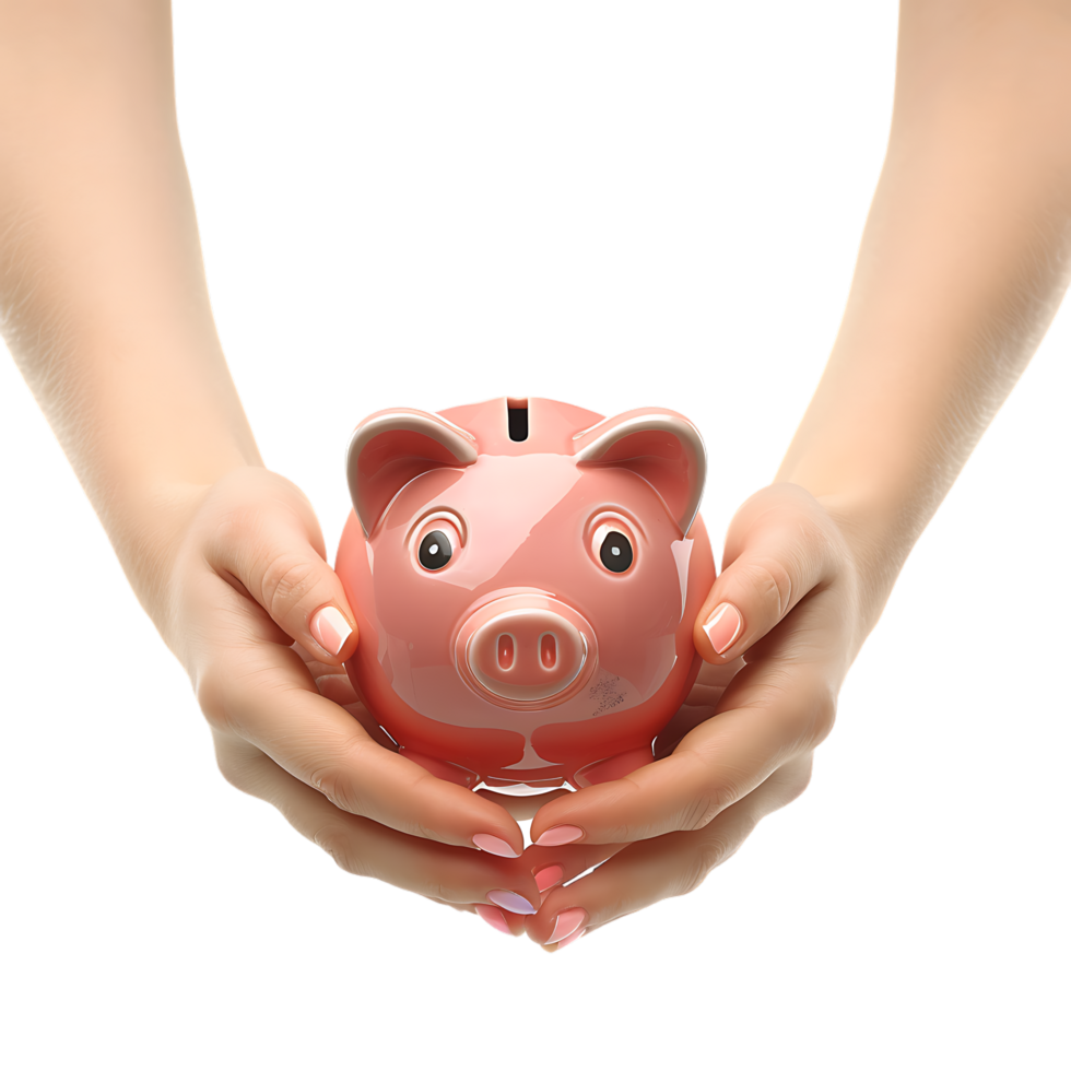 A female hand holding a PINK piggy bank isolated against a TRANSPARENT background png