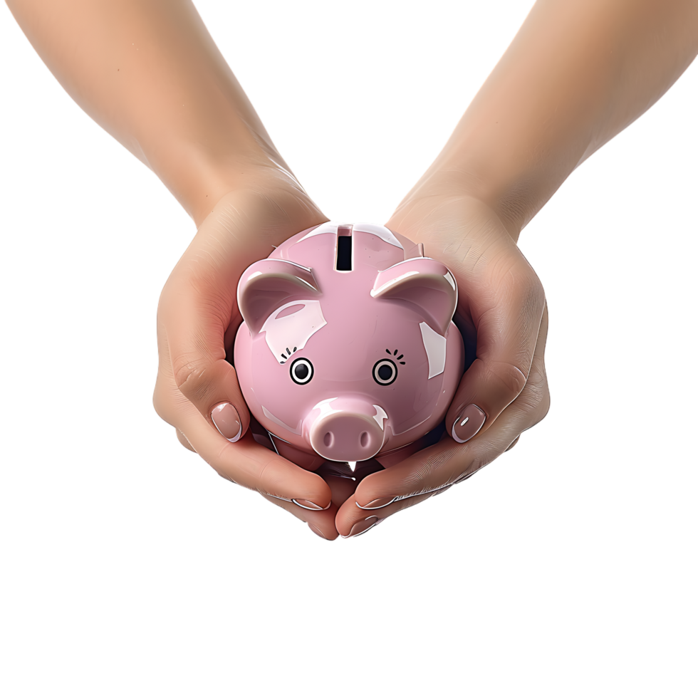 A female hand holding a PINK piggy bank isolated against a TRANSPARENT background png
