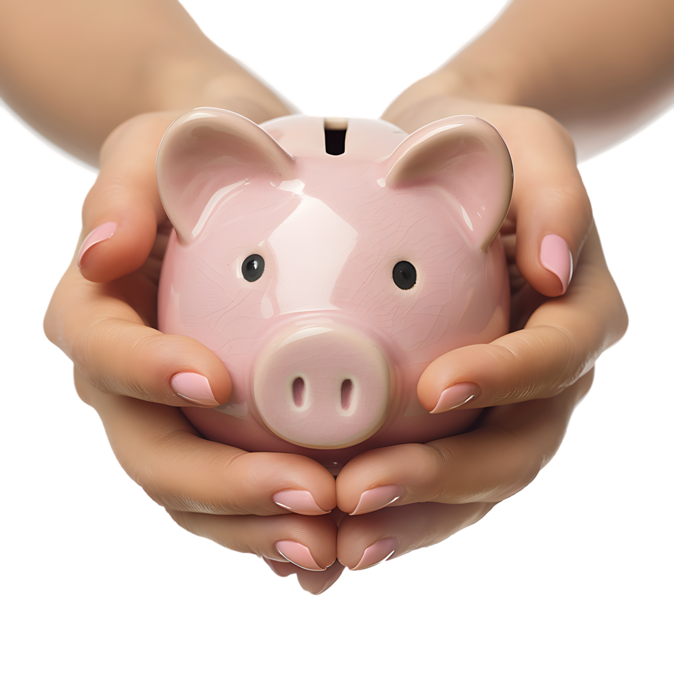 A female hand holding a PINK piggy bank isolated against a TRANSPARENT background png