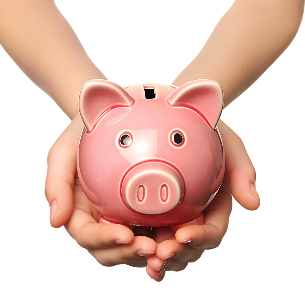A female hand holding a PINK piggy bank isolated against a TRANSPARENT background png