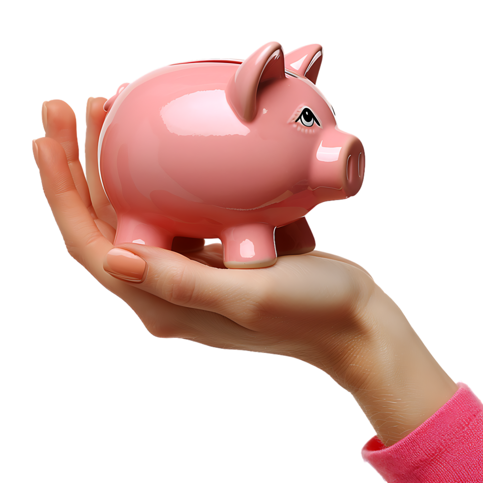 A female hand holding a PINK piggy bank isolated against a TRANSPARENT background png