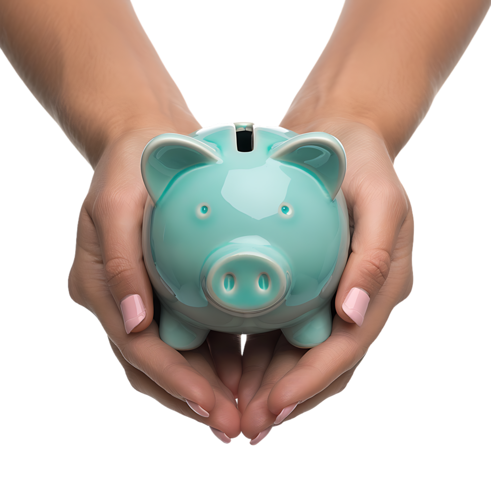 A female hand holding a BLUE piggy bank isolated against a TRANSPARENT background png