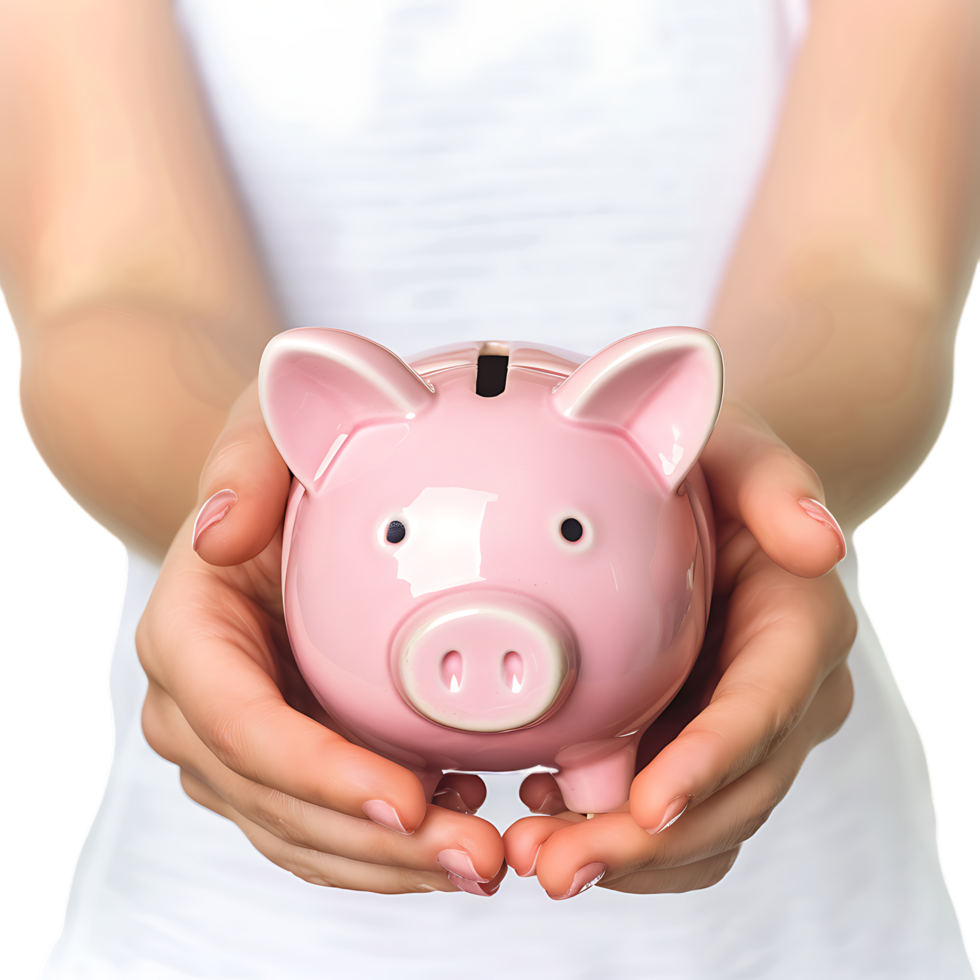 A female hand holding a PINK piggy bank isolated against a TRANSPARENT background png