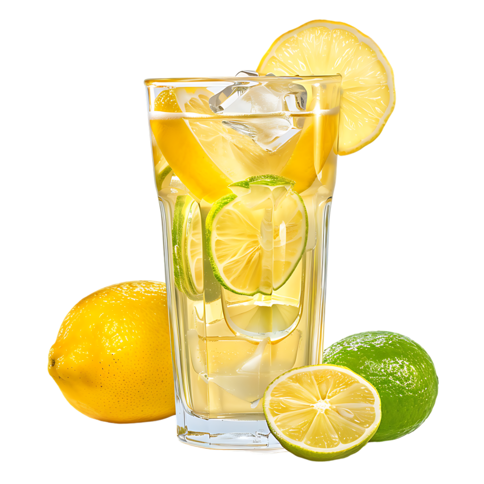 A glass of lemonade with lemons and limes isolated against a transparent background png
