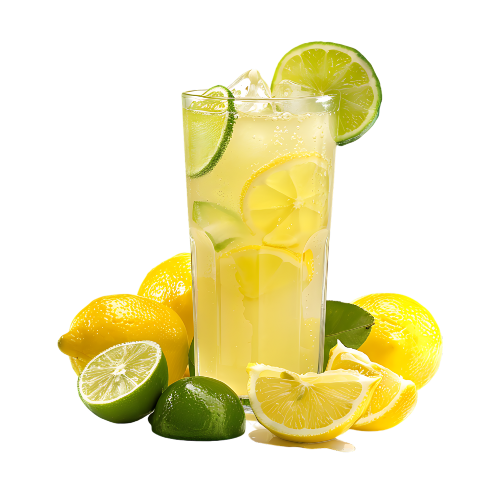 A glass of lemonade with lemons and limes isolated against a transparent background png