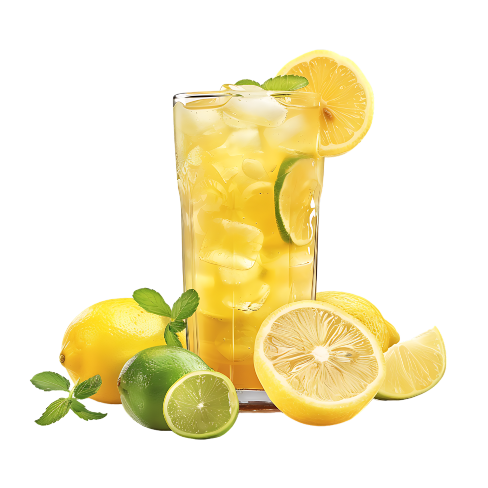 A glass of lemonade with lemons and limes isolated against a transparent background png