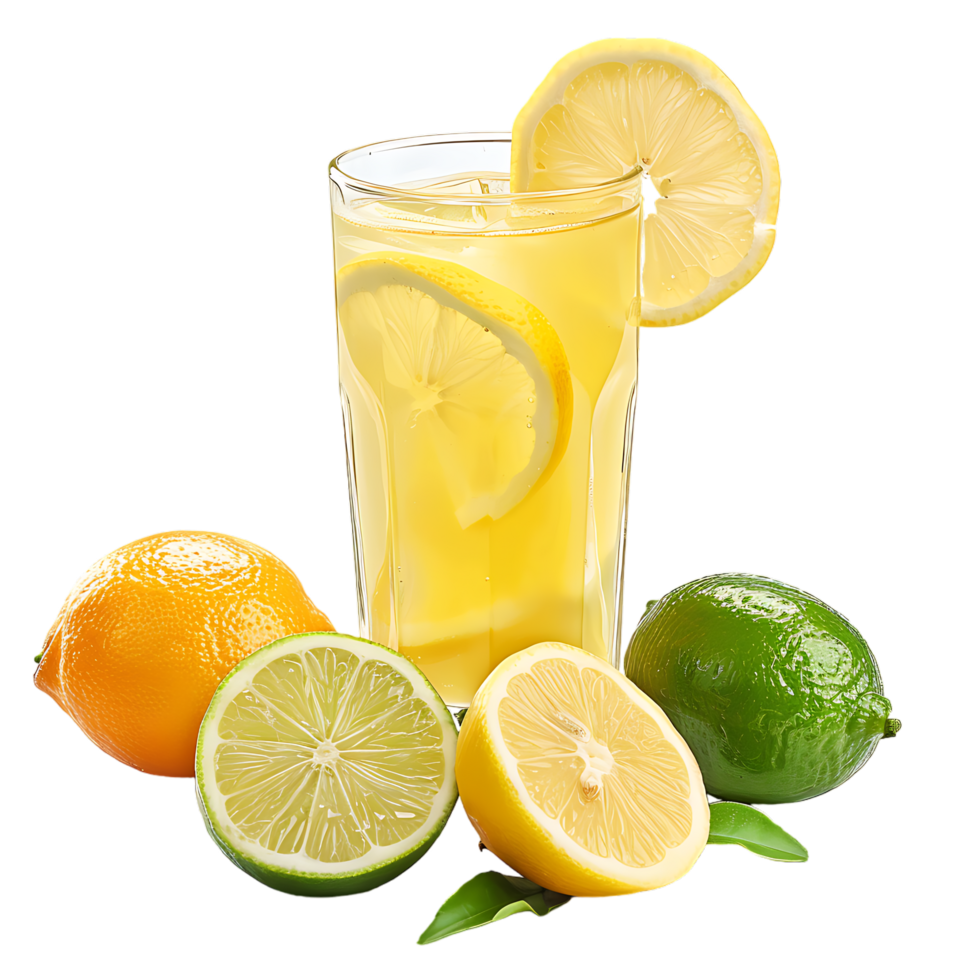 A glass of lemonade with lemons and limes isolated against a transparent background png
