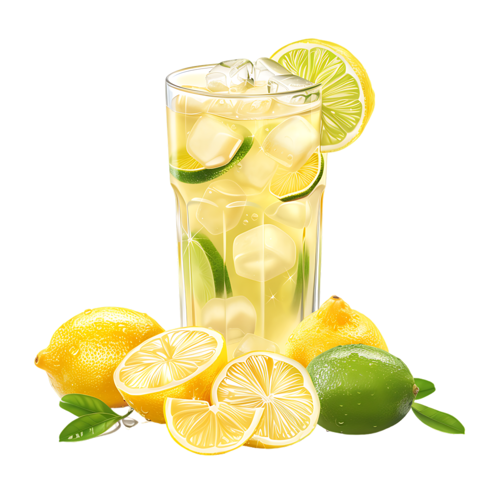 A glass of lemonade with lemons and limes isolated against a transparent background png